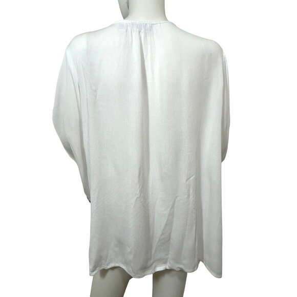 Susan Graver Tunic Top L White Blue Embroidered Boho Cottage V-Neck Rope Tassels - Picture 3 of 11